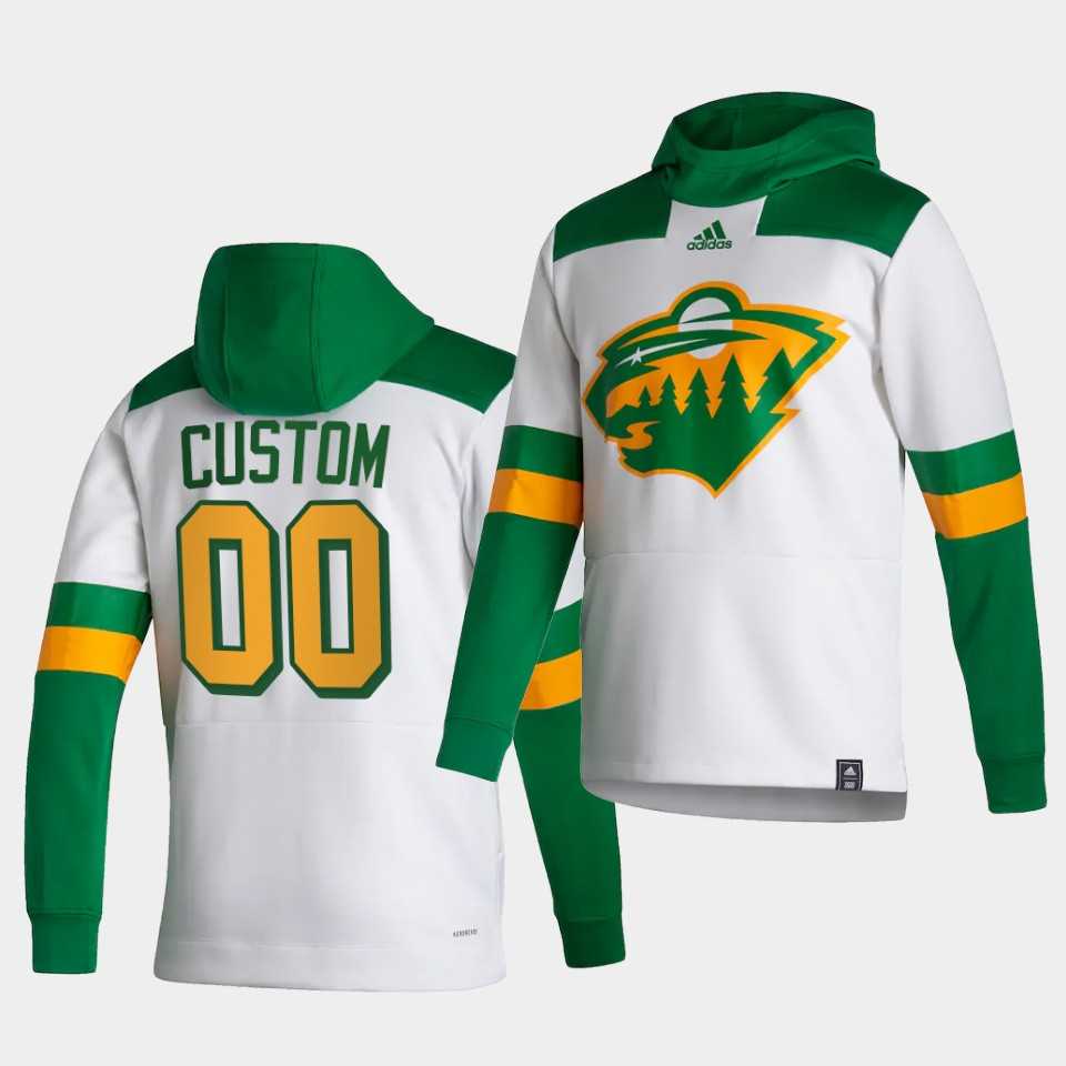 Men Minnesota Wild 00 Custom White NHL 2021 Adidas Pullover Hoodie Jersey